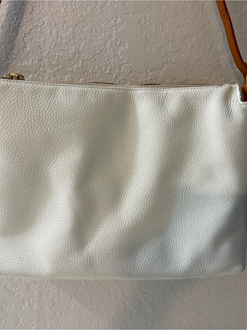 Valentina White Pebbled Shoulder Bag with Tan Strap
